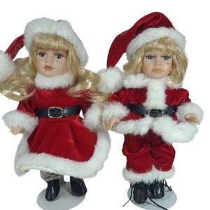 Vtg Dan Dee Girl Christmas Porcelain Santa Doll Lot Of 2 Collectors Choice EXC